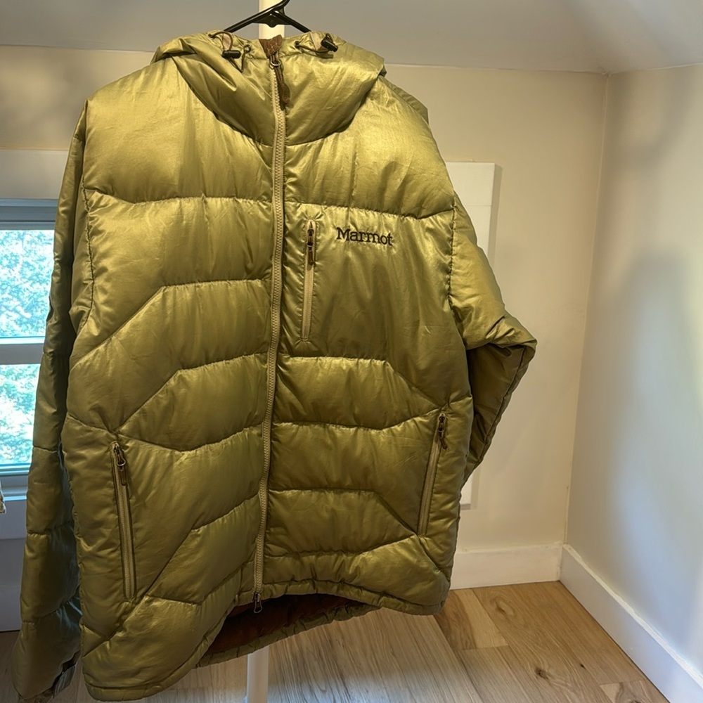 Marmot Guides Down Hoodie Puffer Snowboarding Jacket Large in Green/tan - Picture 2 of 6